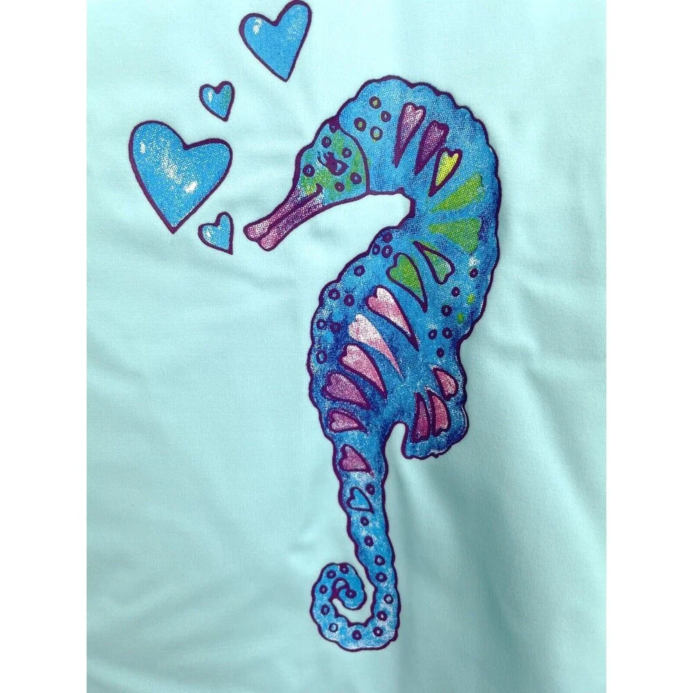 Lands’ End Girl L 14 Blue Short Sleeve Swim Suit Rash Guard Shirt Seahorse‎